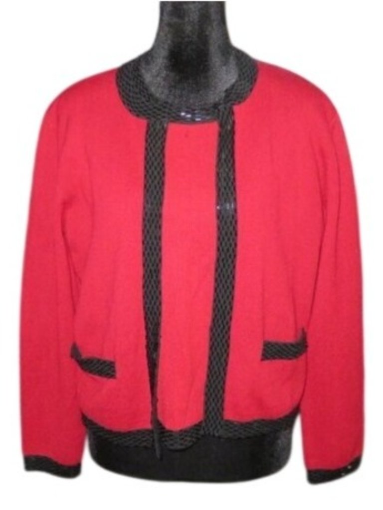 Liz Claiborne Red Merino Wool Knit Twin Set Cardigan & Tank Top & Beaded Trim